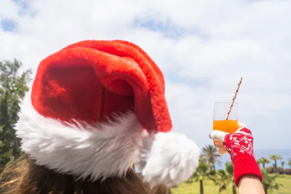 Woman Hands Christmas Gloves Santa Claus Hat Relaxing Drinking Cocktail — Stock Photo, Image