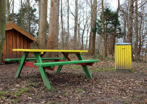 Zona di riposo all'aperto nella foresta con panca colorata e bidone della spazzatura — Foto Stock