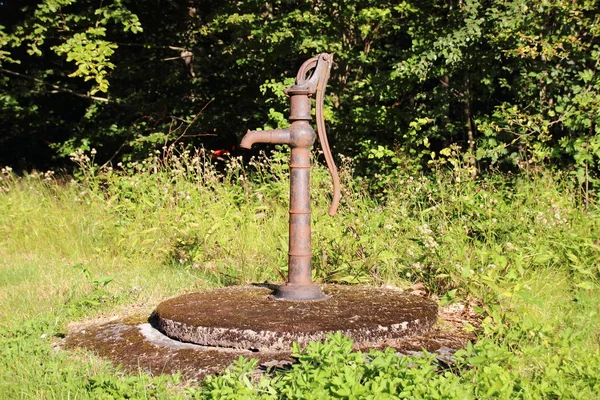 Vecchia pompa dell'acqua grunge nel giardino della foresta — Foto Stock