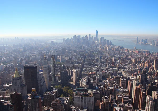 Manhattan New York Downtown silhuett i morgon Smog — Stockfoto