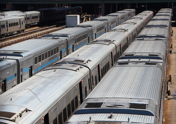 Lines of Silver Subway Trains in Storage Area — Stock Photo, Image