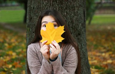 Genç kız sarı bir akçaağaç yaprağıyla yüzünü örttü.. 