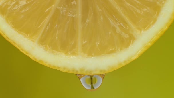 Свежий лимон разрезан пополам. Лимонный сок капает с половины лимона. — стоковое видео