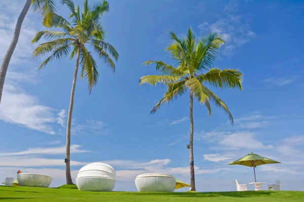 Parapluie de plage et sièges de bain de soleil — Photo