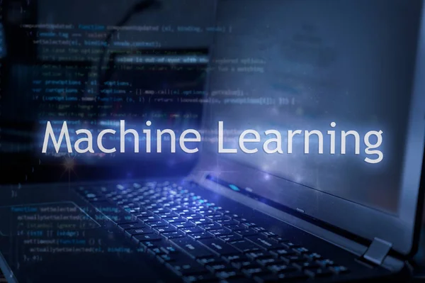 Machine learning inscription against laptop and code background. Learn machine learning programming language, computer courses, training.