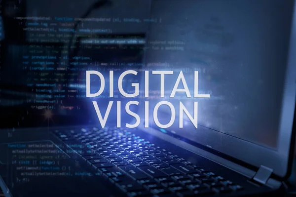 Digital vision inscription against laptop and code background.  Technology concept