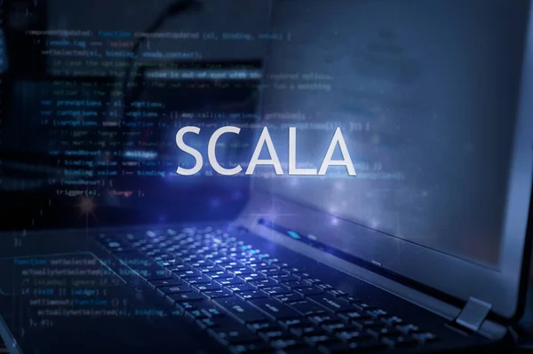 Scala Prasasti Terhadap Laptop Dan Kode Latar Belakang Belajar Bahasa — Stok Foto