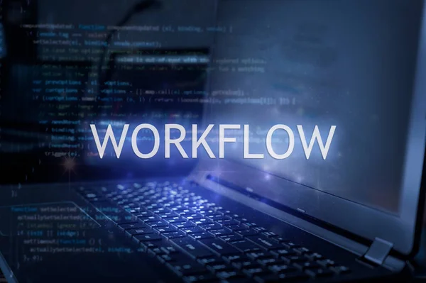 Inskripsi Workkflow Terhadap Laptop Dan Latar Belakang Kode Konsep Teknologi — Stok Foto