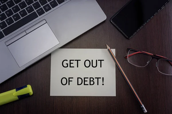 Get Out Debt Card Top View Office Table Desktop Background — Stock Photo, Image