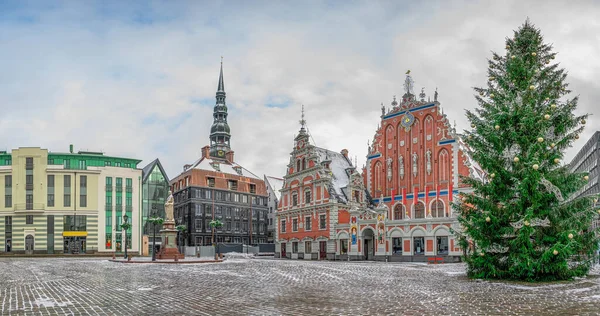 Plac Ratuszowy Domem Blackheadów Choinką Zimie Stare Miasto Ryga Łotwa — Zdjęcie stockowe