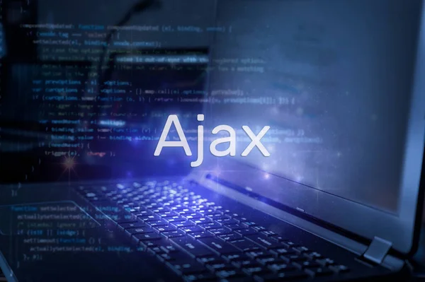 Prasasti Ajax Terhadap Laptop Dan Latar Belakang Kode Konsep Teknologi — Stok Foto