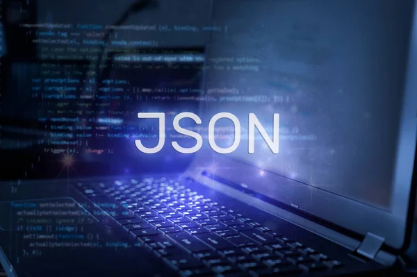Prasasti Json Dengan Latar Belakang Laptop Dan Kode Konsep Teknologi — Stok Foto