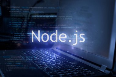Node.js yazıları dizüstü bilgisayara ve kod arka planına karşı. Düğüm programlama dili, bilgisayar kursları, eğitim öğren. 