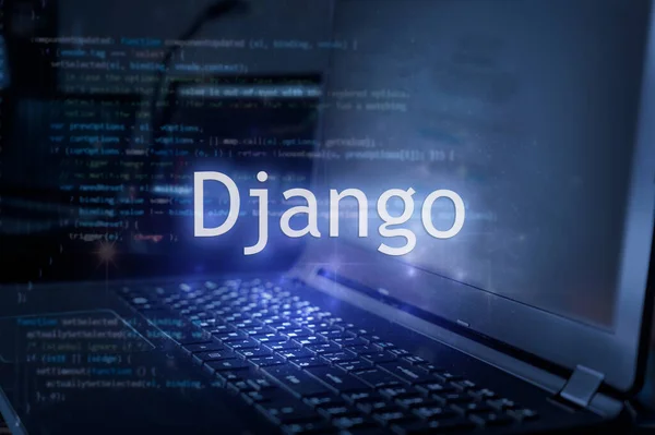 Prasasti Django Terhadap Laptop Dan Latar Belakang Kode Pelajari Bahasa — Stok Foto