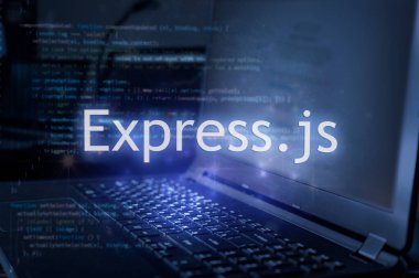 Dizüstü bilgisayara ve kod arka planına karşı yazıtlar. Hızlı JavaScript programlama dili, bilgisayar kursları, eğitim öğren. 