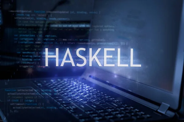 Haskell inscription against laptop and code background. Technology concept. Learn programming language.