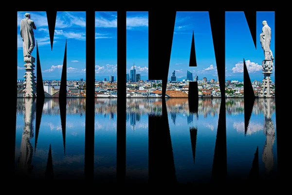 Testo Milanese Composto Skyline Milanese Sfondo Nero Con Riflessione Testuale — Foto Stock