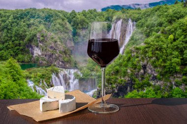 Ormandaki büyük şelalelere karşı peynirli atıştırmalıklar ile bir bardak kırmızı şarap.. 