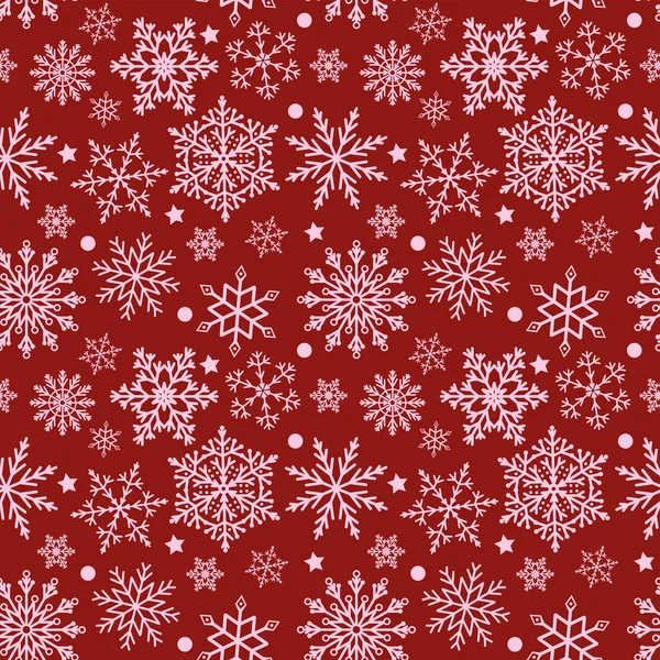 Copos de nieve sobre fondo rojo textura sin costuras — Vector de stock