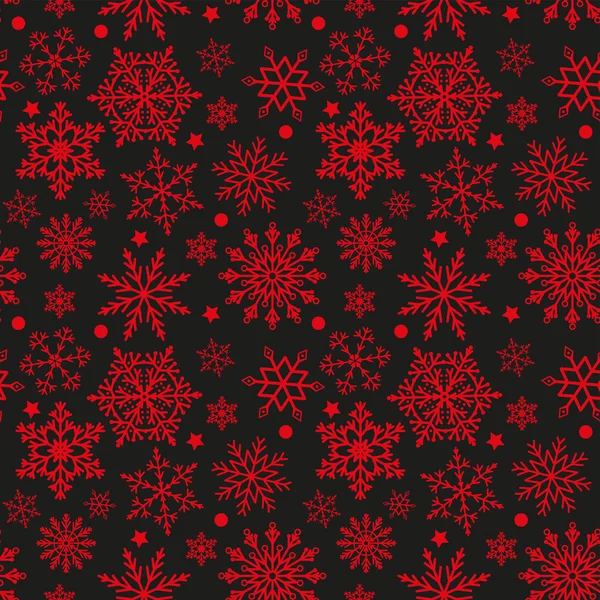 Copos de nieve sobre fondo negro y rojo textura sin costuras — Vector de stock