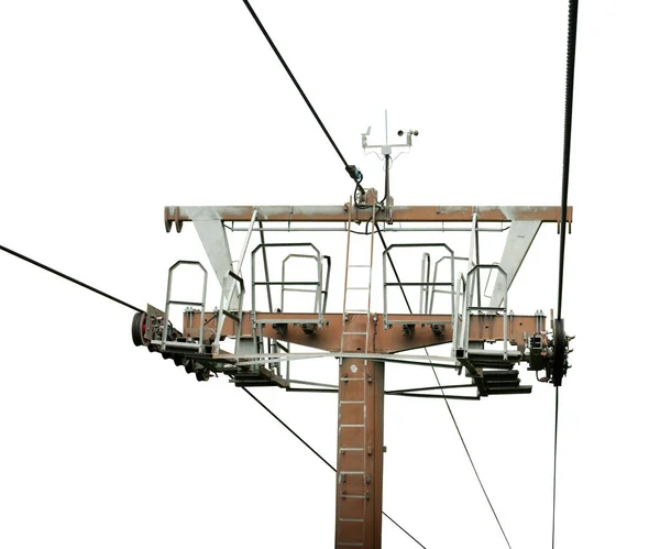 Cadeiras Polias Mecânicas Estância Esqui Torre Teleférico Isolado Fundo Branco — Fotografia de Stock