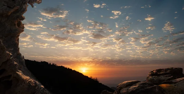 Silhouette View Top Mountains Sunrise Cloudy Sky Cliff Foreground Gilan — Stock Photo, Image