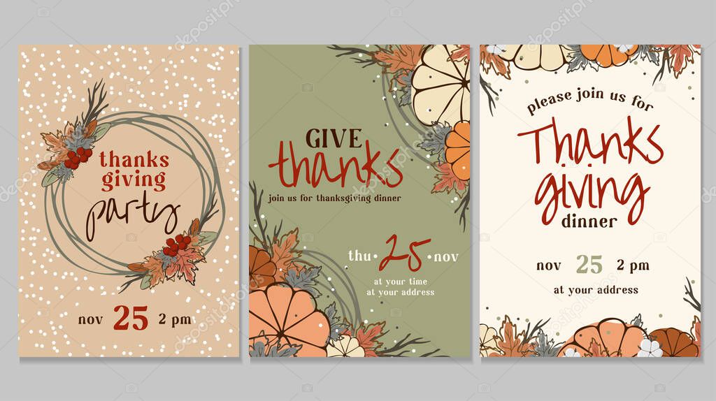 A set of postcards, posters, cards for Thanksgiving day 2021. Warm brown, beige, and orange shades are used. The leaves, pumpkins, inscription, cotton, branches are depicted