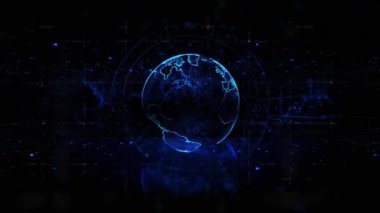 Mavi Dijital Arkaplan üzerinde hologram küre dönüşündeki engelleme zinciri teknolojisi.
