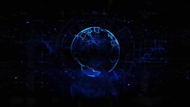 Tecnologia blockchain nella rotazione del globo dell'ologramma su sfondo digitale blu. — Video Stock