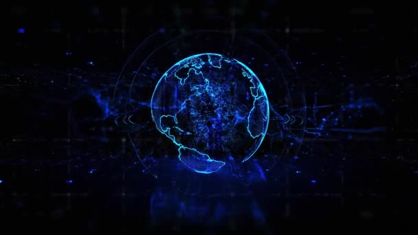 Kunstmatige intelligentie in hologram wereldbol rotatie op blauwe digitale achtergrond. — Stockvideo