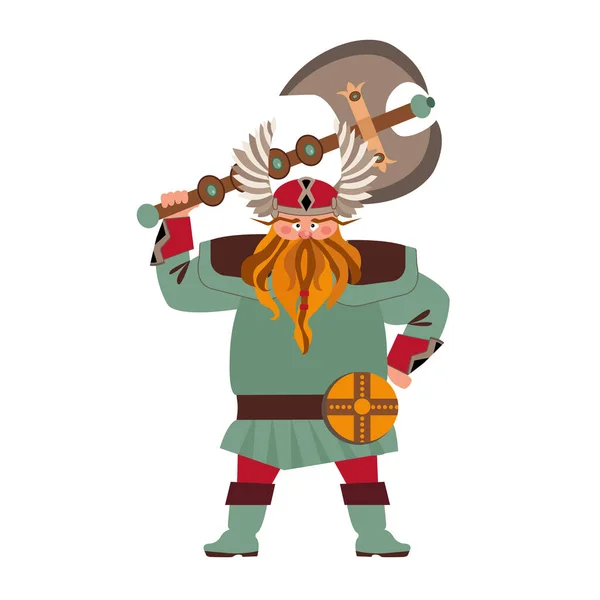 Viking. Viking flat character with ax and helmet. Ax, helmet, protection, armor, gold, treasure — Stock Vector