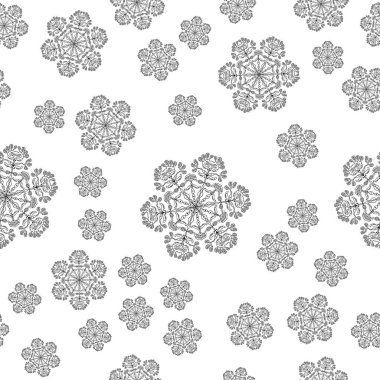 Kusursuz bir yeni yıl ve Noel şablonu. Beyaz arkaplanda siyah mandala kar taneleri.