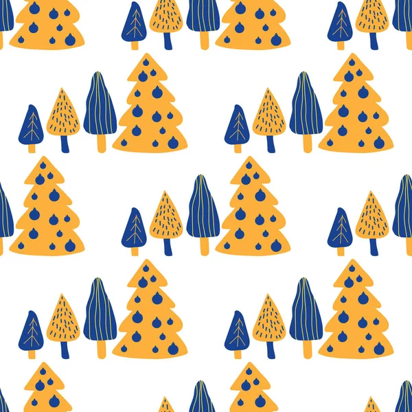 シームレスな背景。クリスマス休暇の手描きパターン。青、黄色、茶色 — ストックベクタ