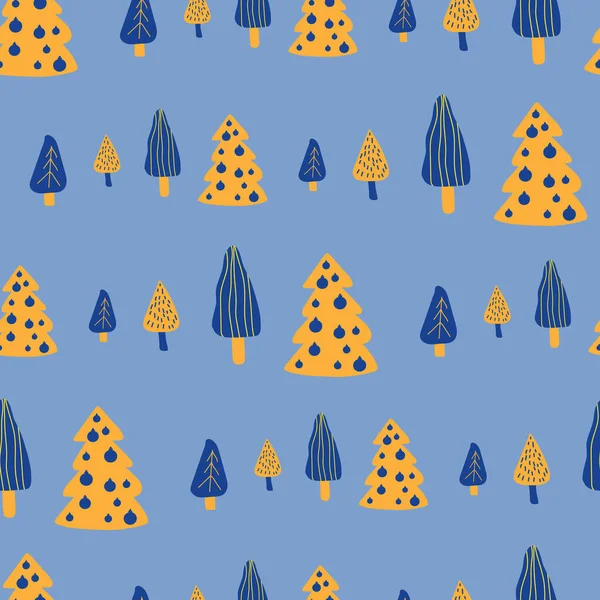 シームレスな背景。クリスマス休暇の手描きパターン。青、黄色、茶色 — ストックベクタ