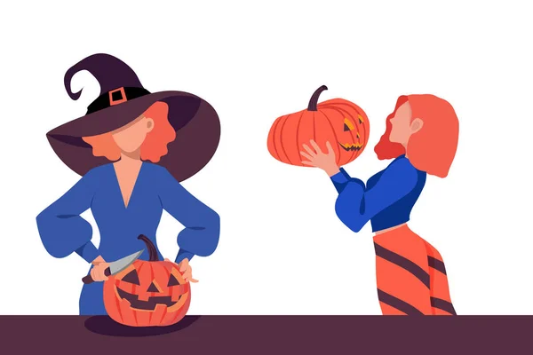 Dvě Holky Drží Halloween Dýňovou Lucernu Dívka Nožem Vyřízne Dýně — Stockový vektor