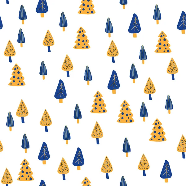 Бесшовный Фон Ручной Рисунок Рождественских Праздников Синие Желтые Коричневые Елки — стоковый вектор