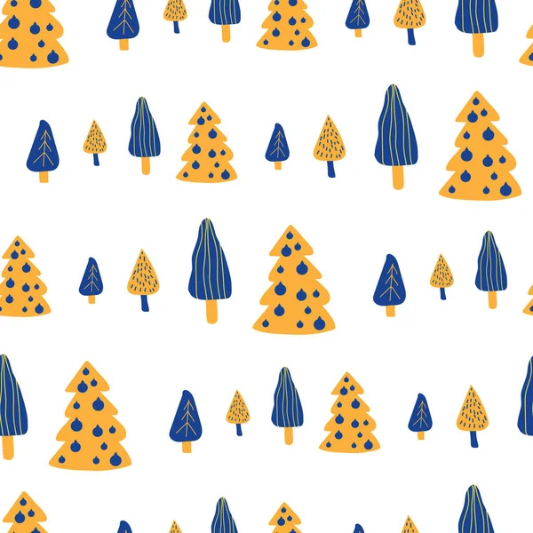 シームレスな背景 クリスマス休暇の手描きパターン 茶色のクリスマスツリー シームレスなパターン 森林の背景 織物のための子供のテクスチャ — ストックベクタ