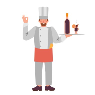 Şef aşçı, beyaz bir arka planda tecrit edilmiş bir tepside. Tepside, şarapta ve bir bardak sıcak şarapta. Bir kafeye, bir restorana davetiye. İşçi Bayramı. Vektör illüstrasyonu.