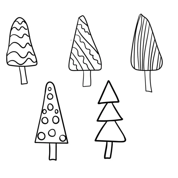 落書きクリスマスツリーのデザイン クリスマスツリーのドア 白い線で隔離された平らな木の線画コレクション 落書きスケッチ 描くんだ要素 休日のカード 装飾を作成するには — ストックベクタ