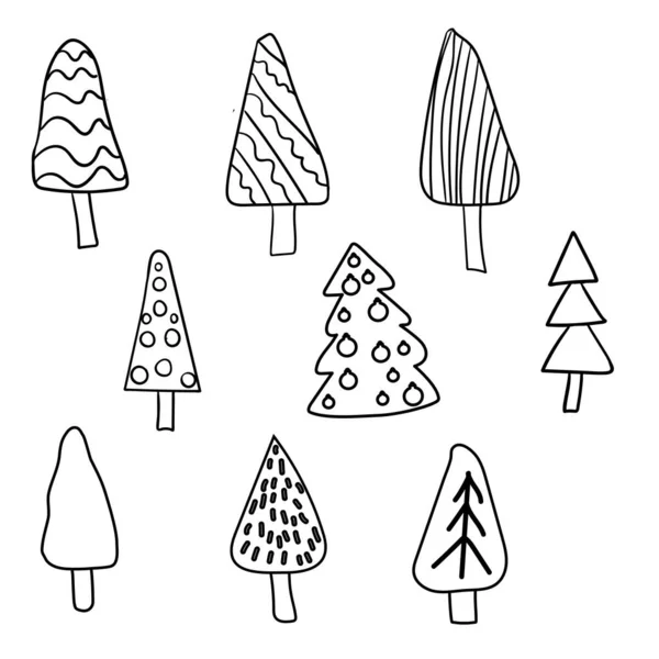 Designs Doodle Christmas Trees Julgransdoodlar Träd Linje Ritning Samling Isolerad — Stock vektor