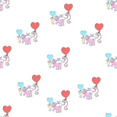 Kusursuz desenli, kalp şeklinde balonlu pembe tek boynuzlu at. Kırtasiye, selamlaşma, duvar kağıdı, moda, logo, ambalaj kağıdı, moda, tekstil için.