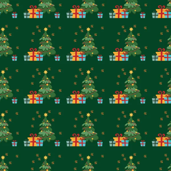 緑の背景にクリスマスツリー 花火や贈り物と冬の背景 ファブリック ギフト包装 スクラップブック 包装用表面設計 — ストックベクタ