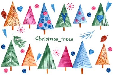 Spruce hazır. Karalama tarzında süslerle süslenmiş Noel ağaçları koleksiyonu. Beyaz arka planda izole edilmiş suluboya köknar ağaçları. Etiketler, yeni yıl dekorasyonu kartlar, etiketler, giysiler için.