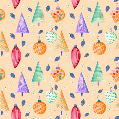 Kusursuz desen. Yeni yıl oyuncakları. Toplar, buz saçakları, kar taneleri. Noel ve Yeni Yıl, kış tatillerinin sembolleriyle kusursuz bir şablon. Suluboya çizimi