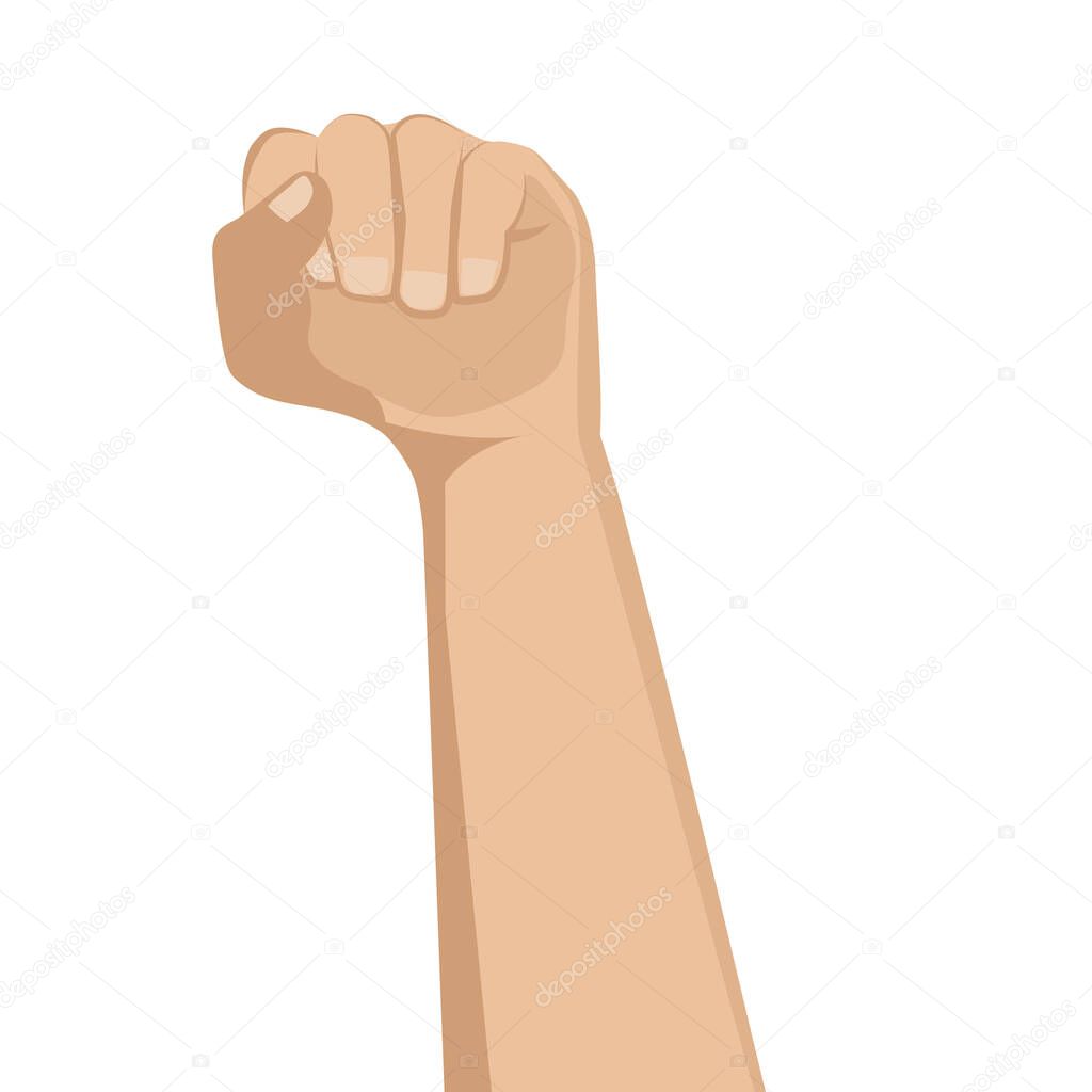 Demonstration, revolution, protest raised. Clenched fist held in protest. Symbol of freedom, fight, revolution, unity, strength and struggle. Simple basic illustration