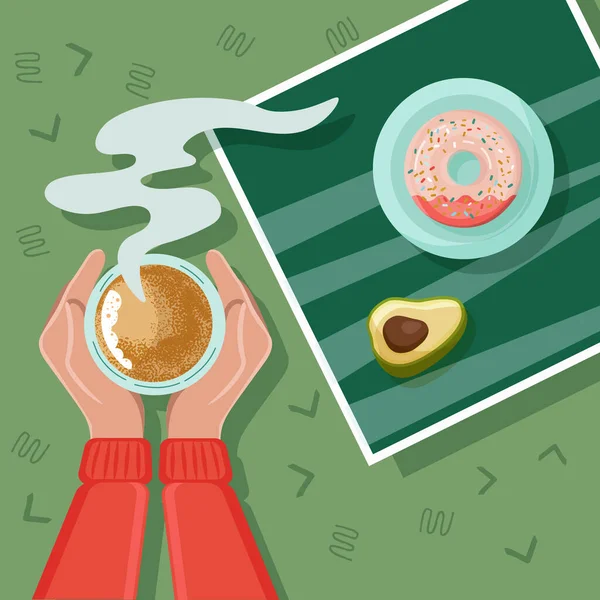 Tea Coffee Break Mug Hand Top View Female Donut Avocada — Stock Vector
