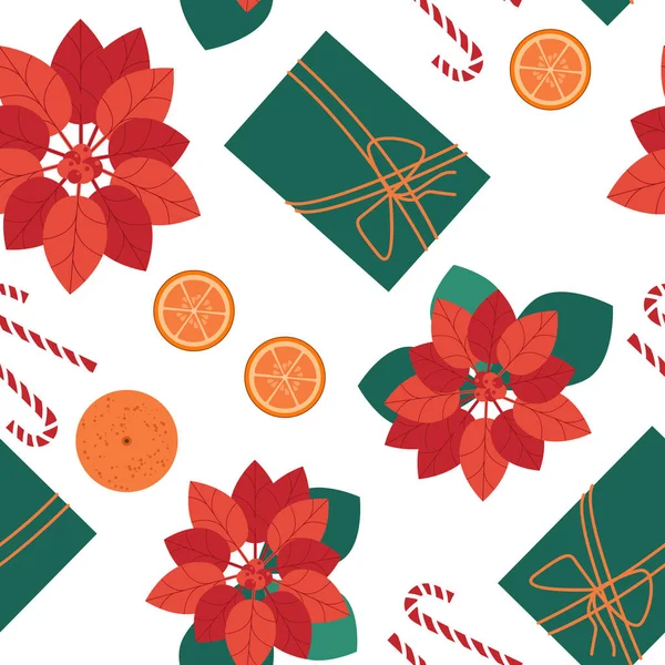 ポインセチアとエレガントなシームレスなクリスマスの花のパターンは 白い背景 ベクトルイラストに残します クリスマスのパターン 包装紙用ベクトルイラスト テキスタイルプリント — ストックベクタ