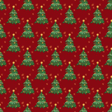 Kış arkaplanı Noel ağacı, köknar ağaçları, kırmızı arka planda havai fişekler. Tekstil, kumaş, duvar kağıdı, ambalaj, hediye paketi, kağıt, hatıra defteri ve ambalaj için yüzey tasarımı.