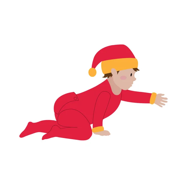 クリスマスだ 赤い全体にかわいい赤ちゃんとサンタのクラスの帽子はクリスマスプレゼントのために達しています ステッカー ポストカード 休日の招待状 ポスターのデザイン — ストックベクタ