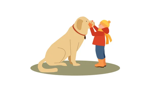 小さな男の子と大きなふわふわの茶色の犬の友人 コンパニオン 犬のいる男 4足の友人の世話をする フラットスタイルのベクトルイラスト 白地に隔離された — ストックベクタ
